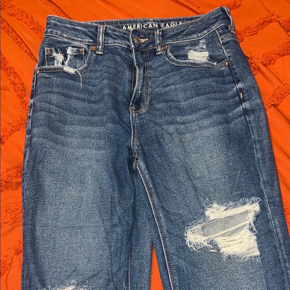 American Eagle Outfitters Women's Dark Blue Ripped Boyfriend Jeans